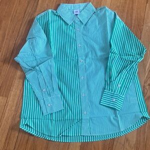 CAbi Teal & White Vertical-Stripe Button Front Collared Shirt M New